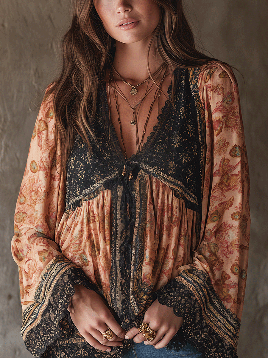 Bohemian Floral Lace Trim Blouse