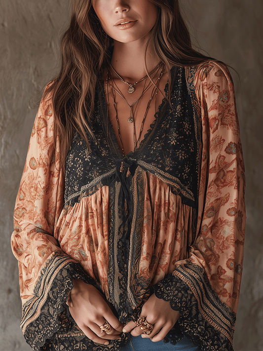 Bohemian Floral Lace Trim Blouse