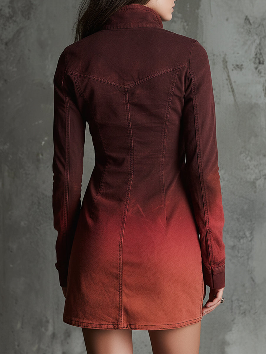 Bohemian Washed Gradient Denim Flap Pocket Slim Mini Dress