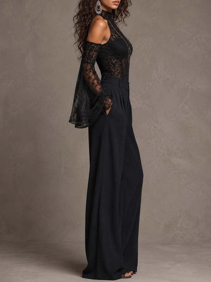 Off Shoulder Bell Sleeve Full Zip High Neck Lace Corset Waist Wide Leg Jumpsuit