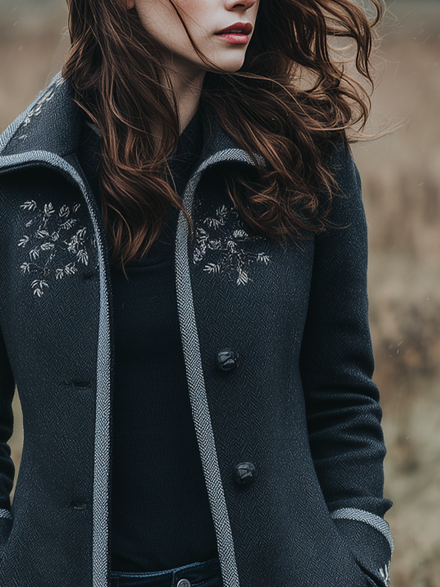 Retro Contrast Trim Floral Embroidery Woolen Polyester Mid-length Jacket