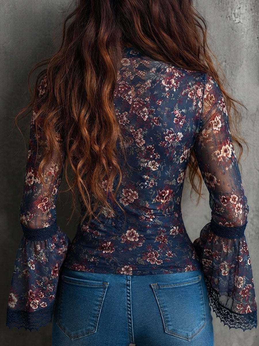 Boho Navy Floral Mesh Lace Trim V Neck Flare Sleeve Blouse