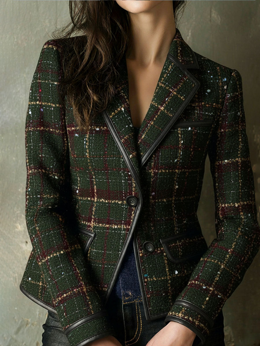 Classic British Plaid Tweed Blazer With Eco Leather Trim