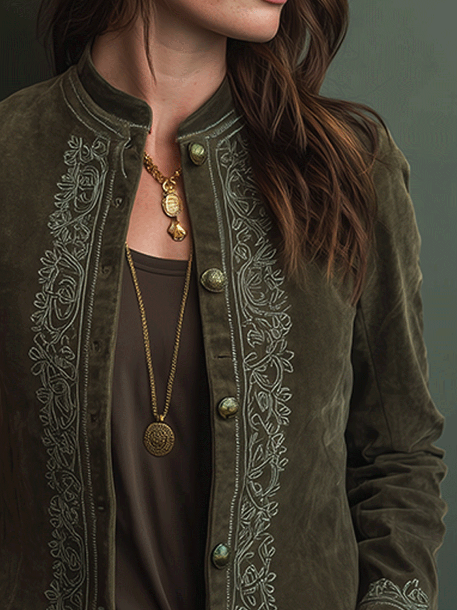 Vintage Embroidered Suede Stand Collar Jacket