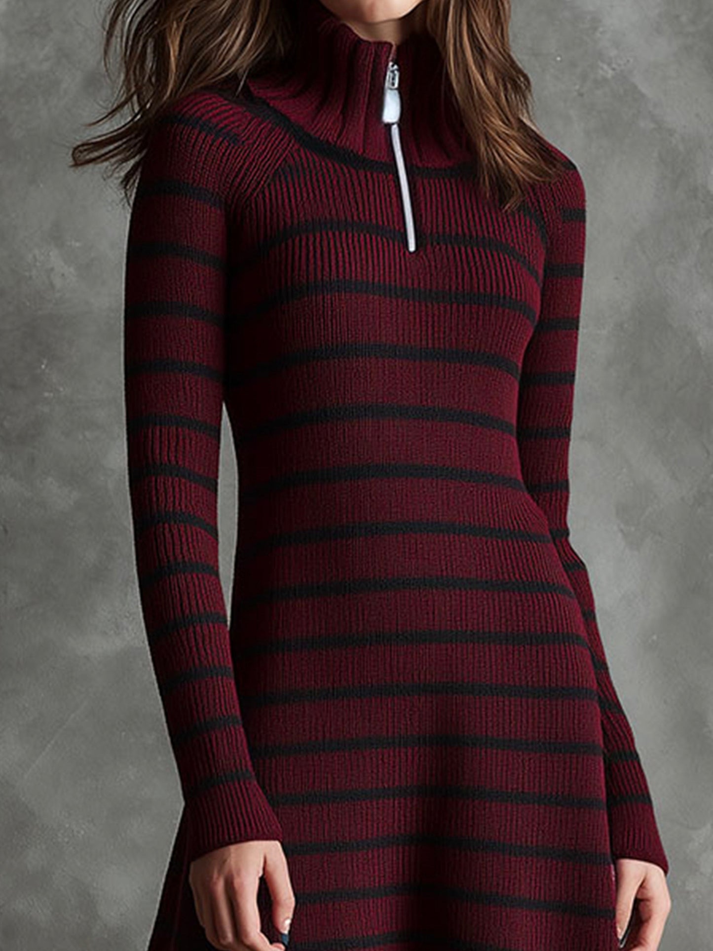 Vintage Burgundy Turtleneck Striped Knit Half-Zip Sweater Dress