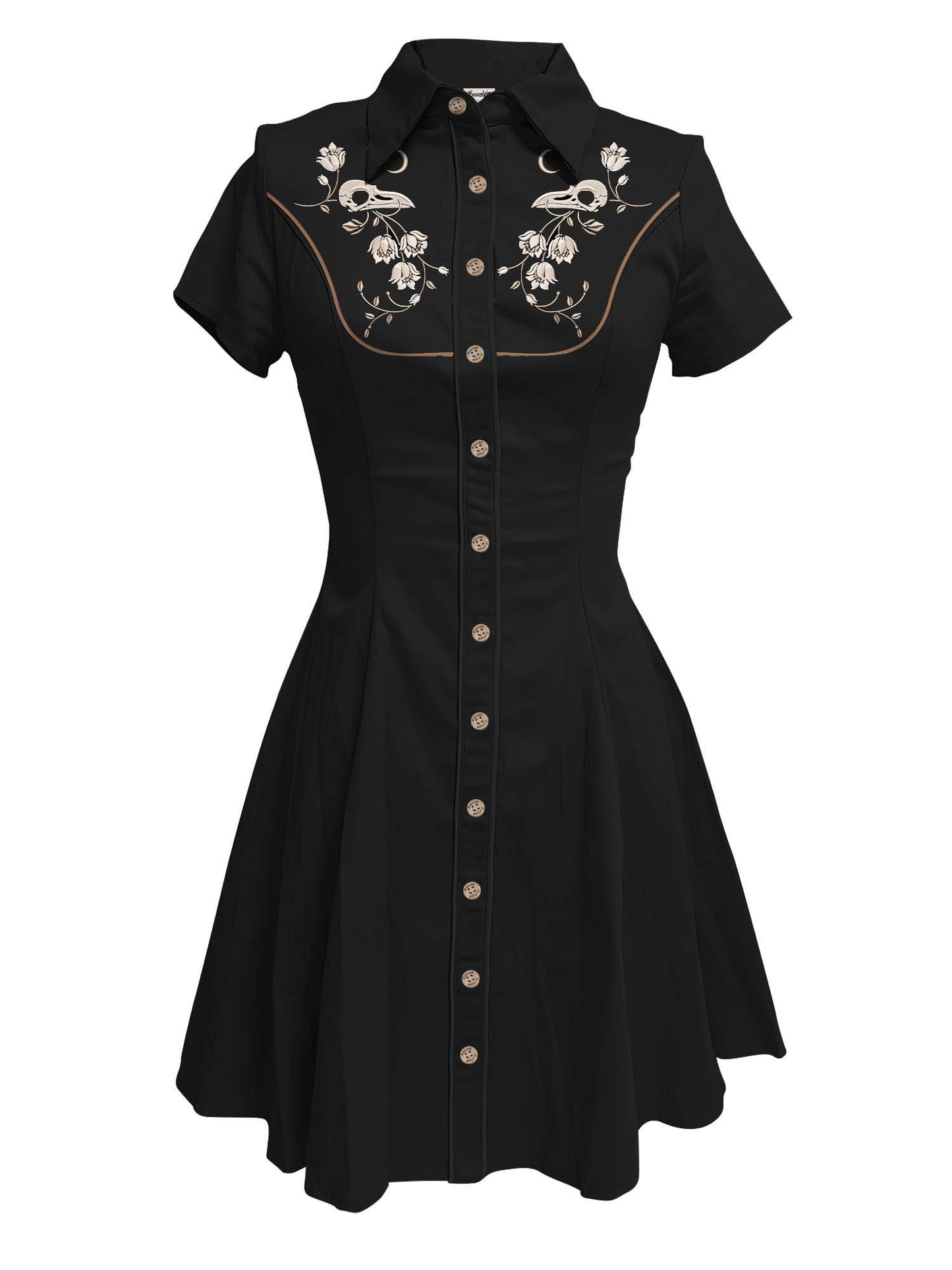 [Embroidery]Skeleton Crow Head And Flower - 100% Cotton Dress