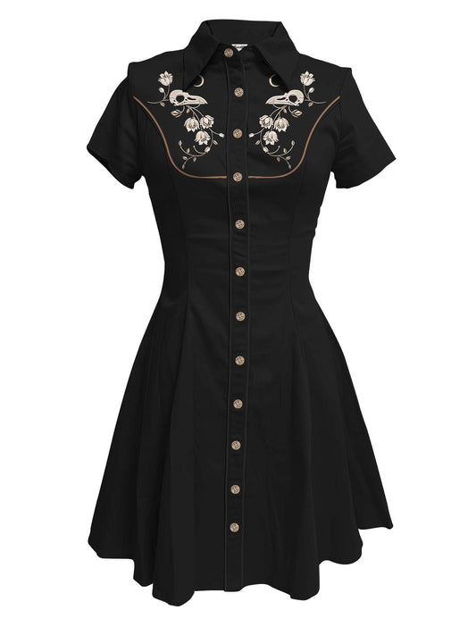 [Embroidery]Skeleton Crow Head And Flower - 100% Cotton Dress