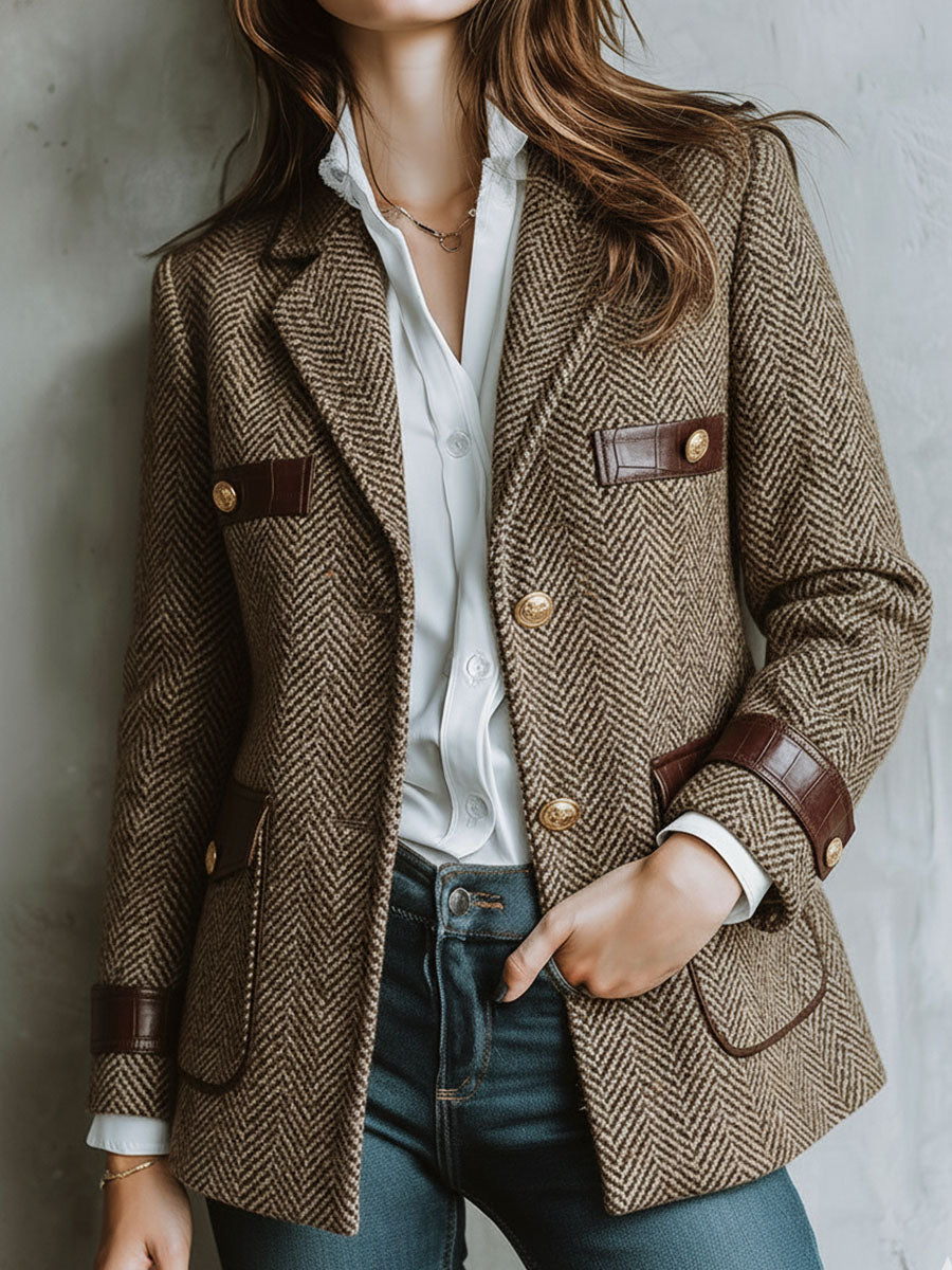 Vintage Gold Button Brown Herringbone Tweed Blazer With Leather Trim