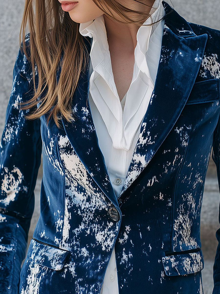Chic Midnight Blue Shimmering Marble Effect Crushed Velvet Blazer