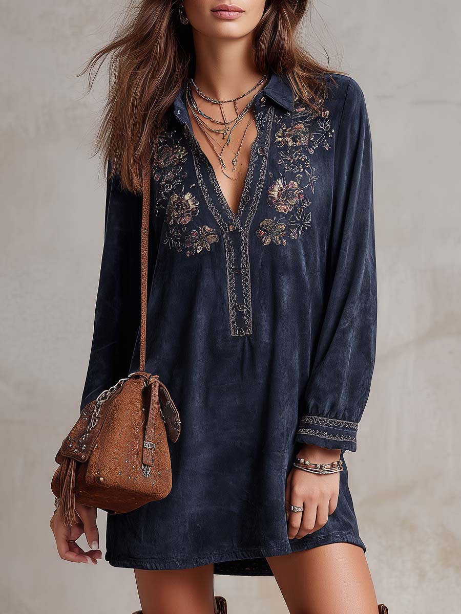 Vintage Embroidered Polyester Velvet Mini Dress