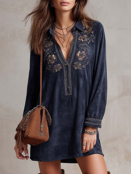 Vintage Embroidered Polyester Velvet Mini Dress