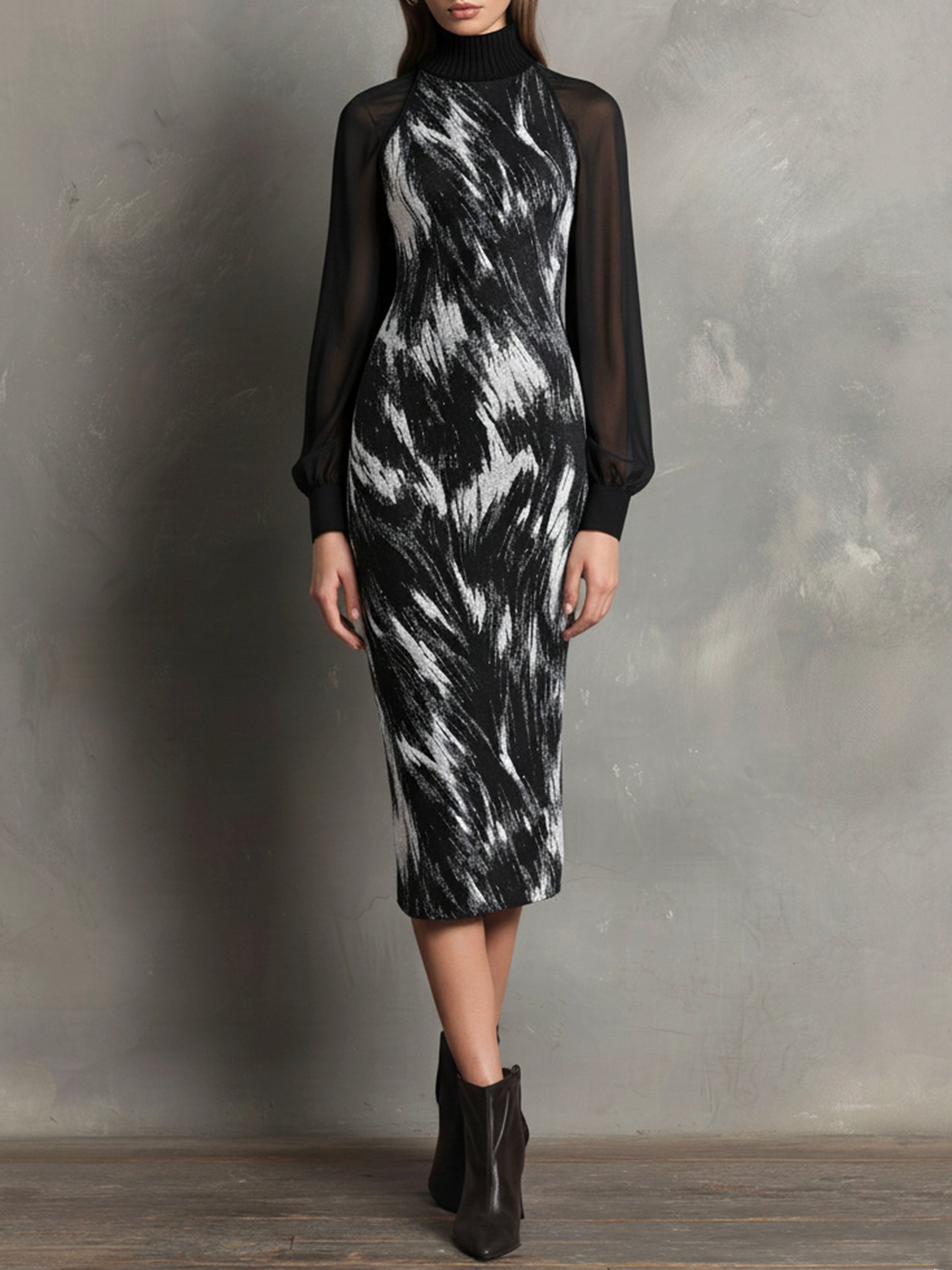 Sheer Sleeve Turtleneck Abstract Jacquard Knit Midi Dress