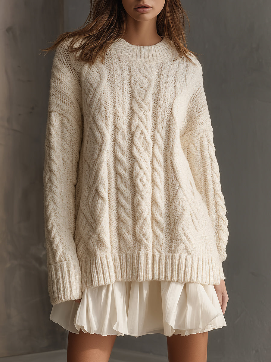 Retro Cable Knit Sweater With Pleated Patchwork Hem Mini Dress