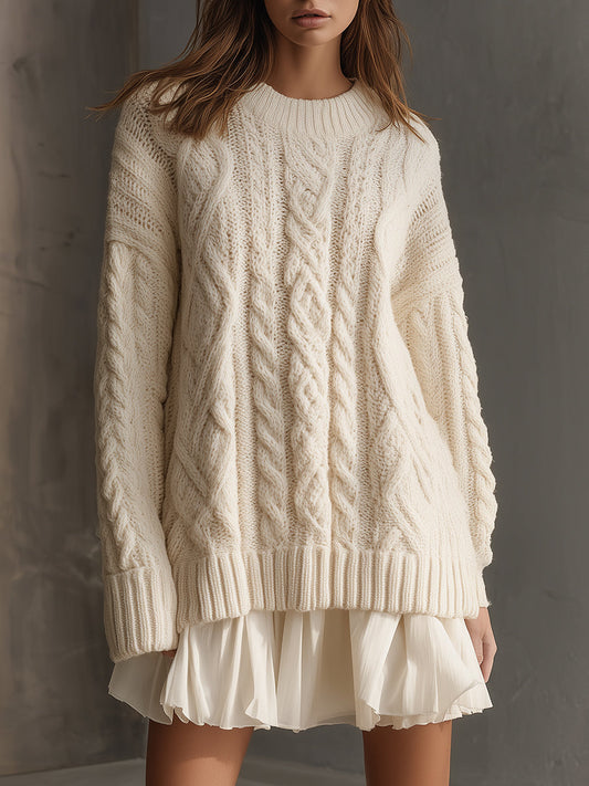Retro Cable Knit Sweater With Pleated Patchwork Hem Mini Dress