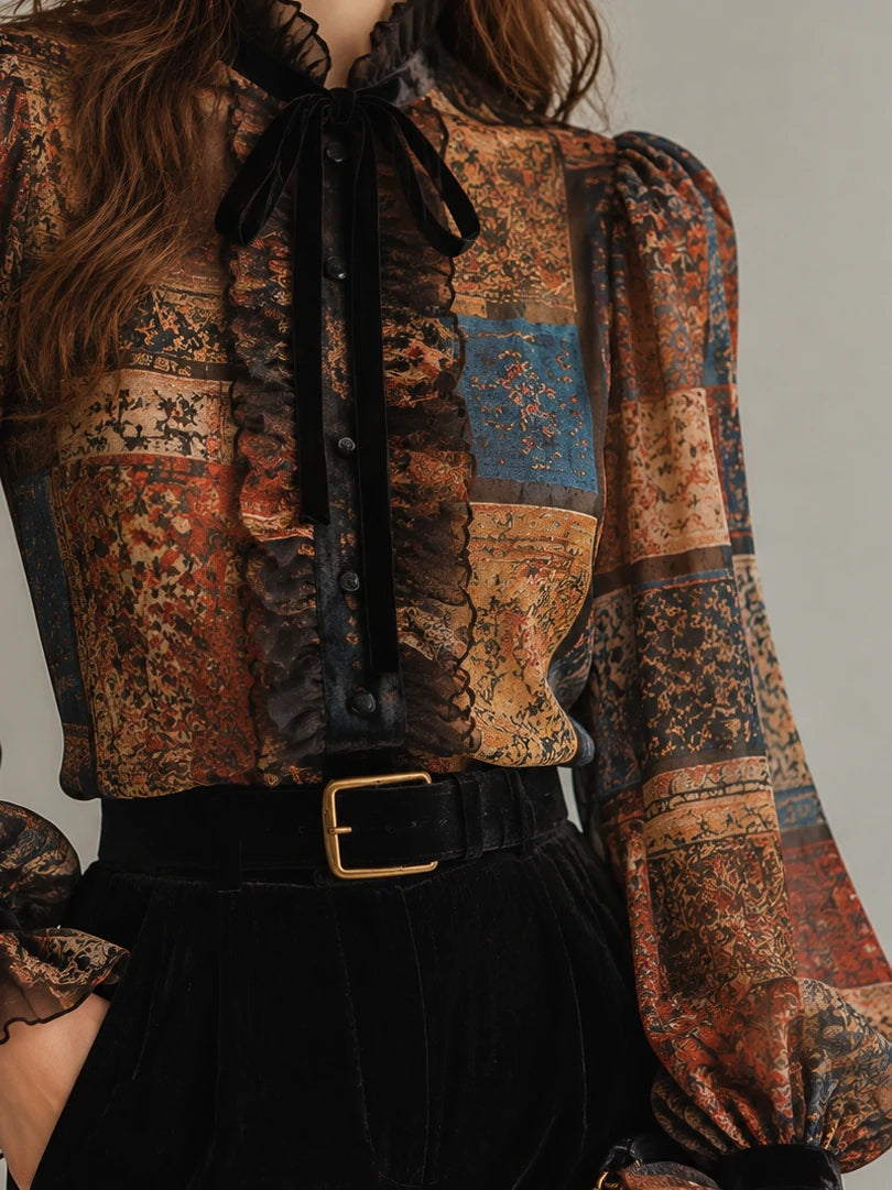 Vintage Patchwork-Print Bow-Neck Blouse