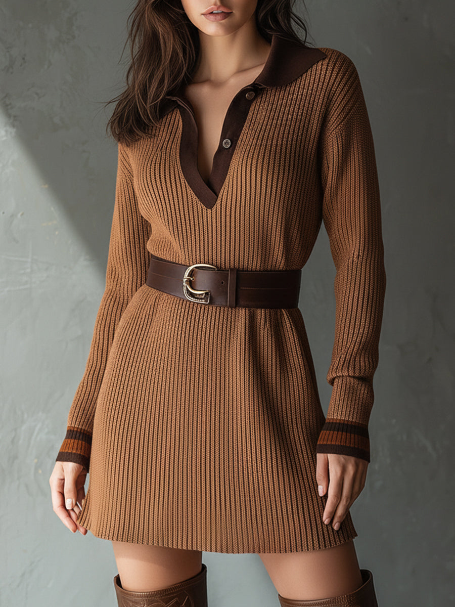 Chic Contrasting Color Knitted Mini Dress With Belt