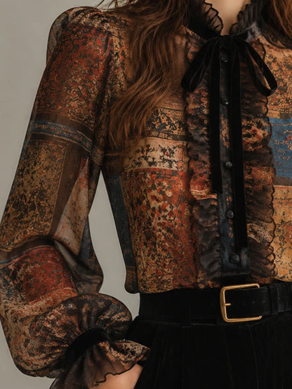 Vintage Patchwork-Print Bow-Neck Blouse