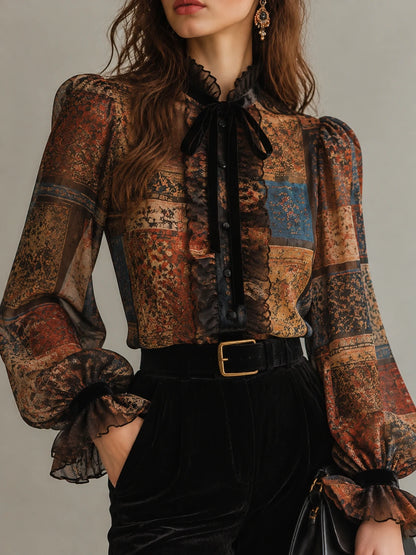 Vintage Patchwork-Print Bow-Neck Blouse