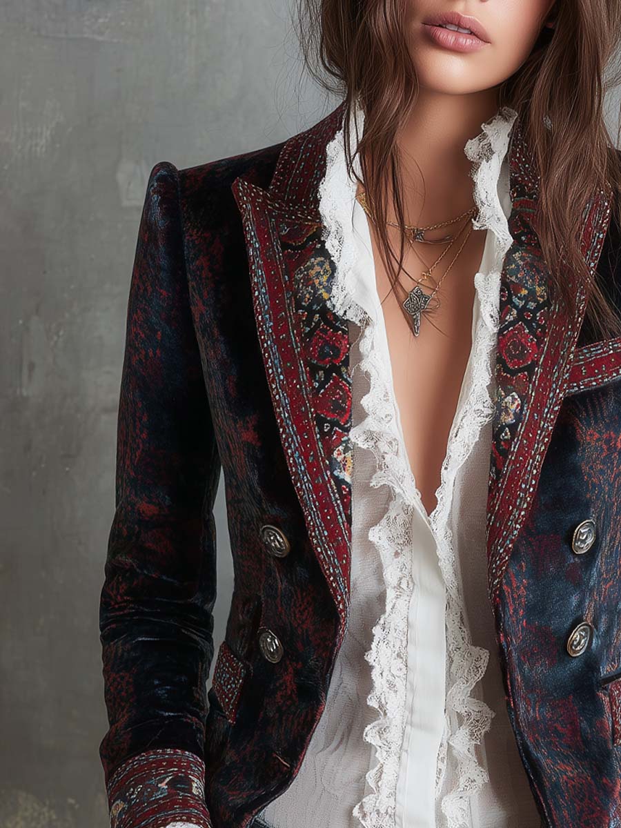 Retro Polyester Velvet Printed Double-breasted Blazer