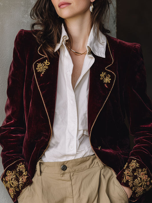 Elegant Gold Velvet Embroidery Blazer