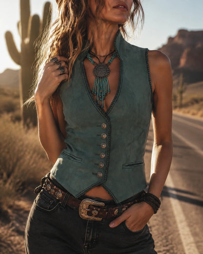 Mint Green Microsuede Bohemian Fitted Vest