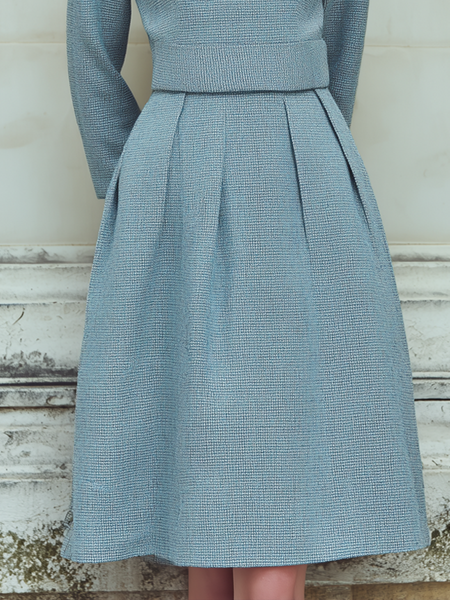 Vintage Tweed Long-Sleeved Midi Dress