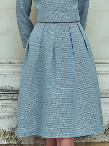 Vintage Tweed Long-Sleeved Midi Dress