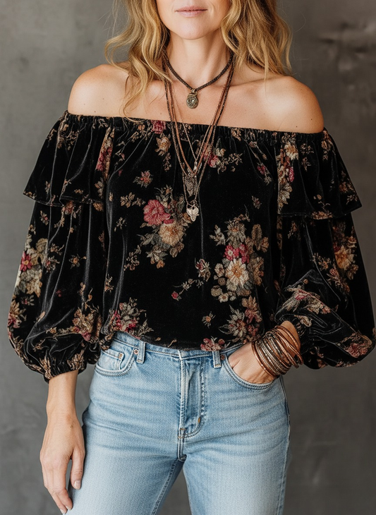 Velvet Off-Shoulder Floral Balloon Sleeves Blouse