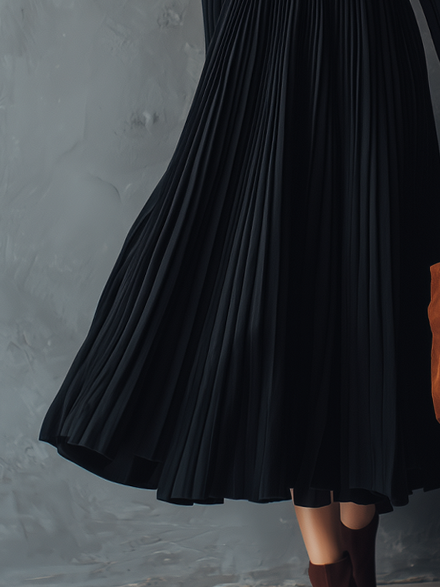 Retro V-neck Pleated Knitted Maxi Dress