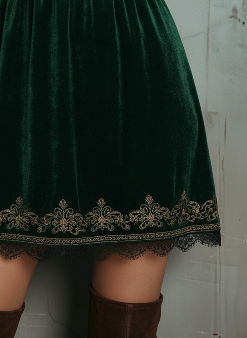 Emerald Velvet Embroidered Mini Dress