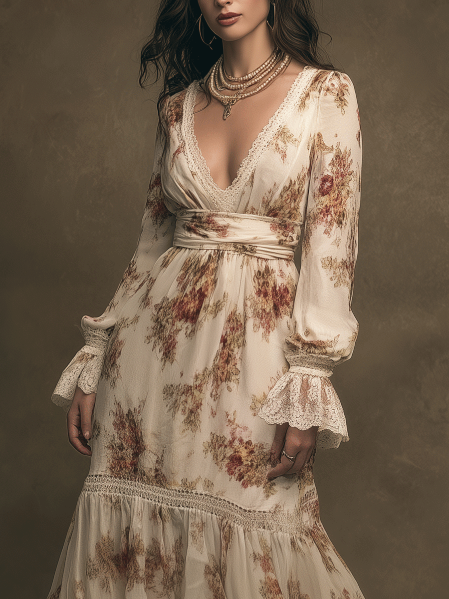 Elegant Retro Floral Tiered Ruffle V-Neck Long Sleeve Maxi Dress