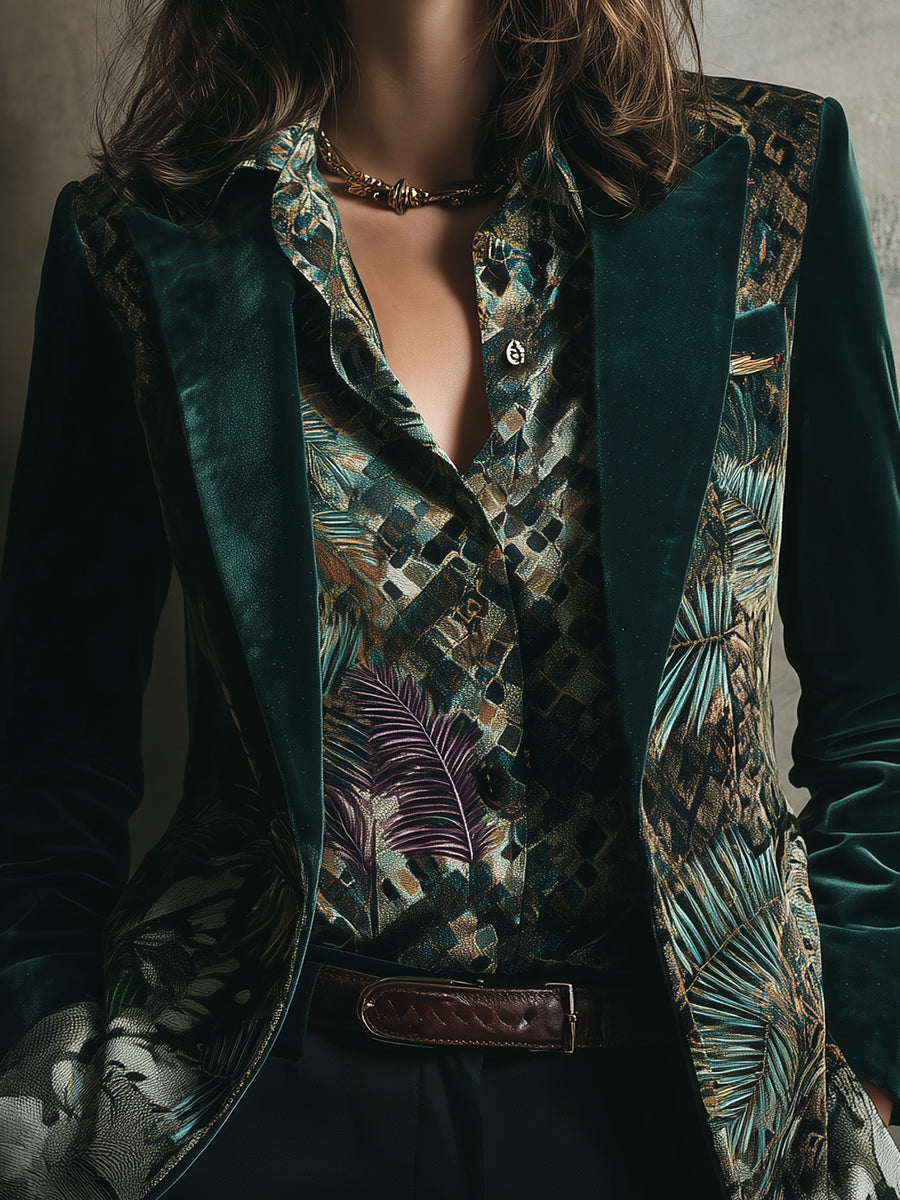 Quiet Luxury Tropical Palm Motif Polyester Velvet Lapel Blazer