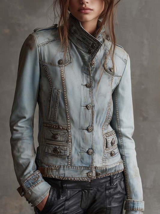 Vintage Washed Military Denim Jacket
