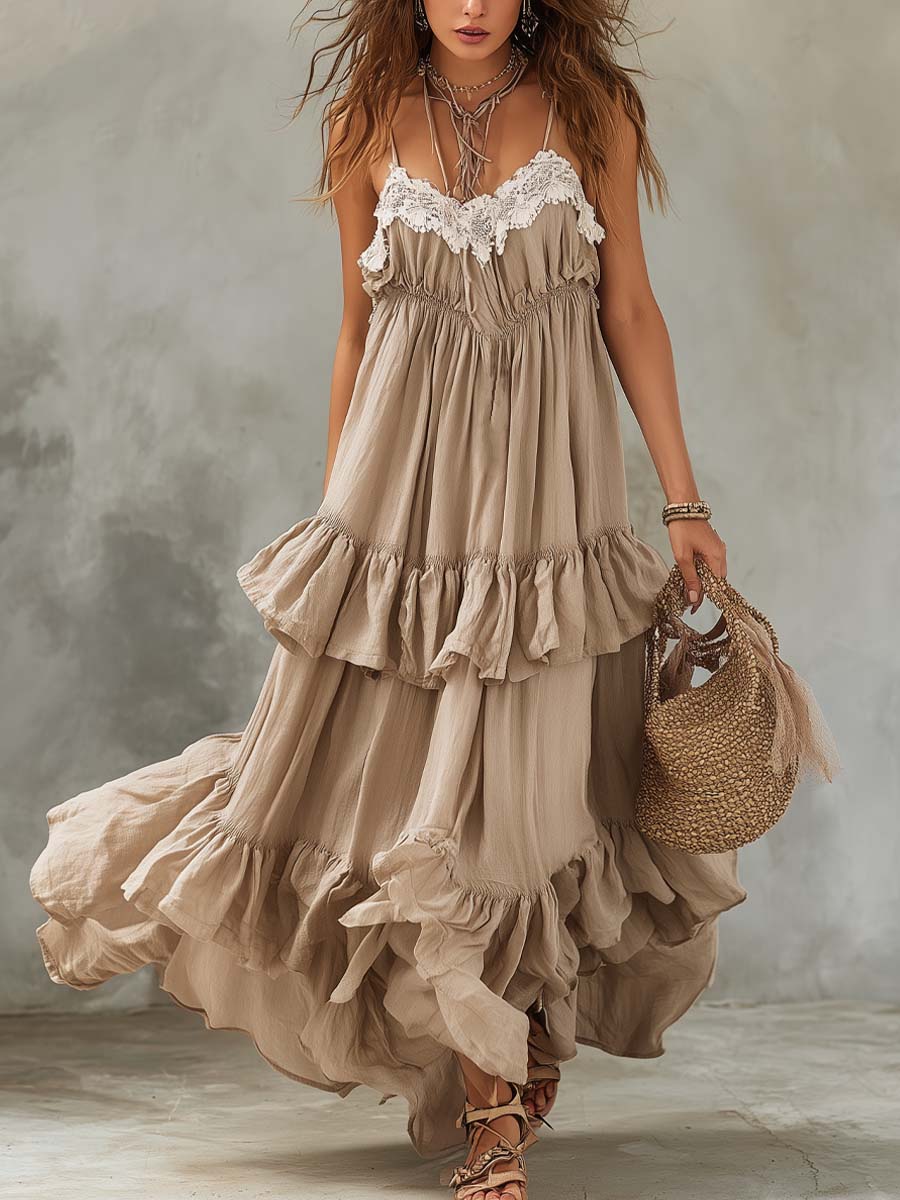 Vintage Lace-neck Ruffled Cotton And Linen Maxi Dress