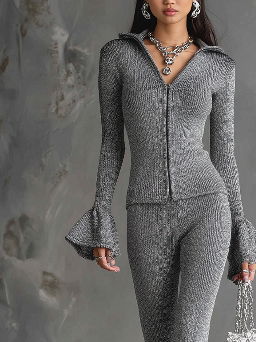 Vintage Bell Sleeves Zipper Neck Knit Matching Set