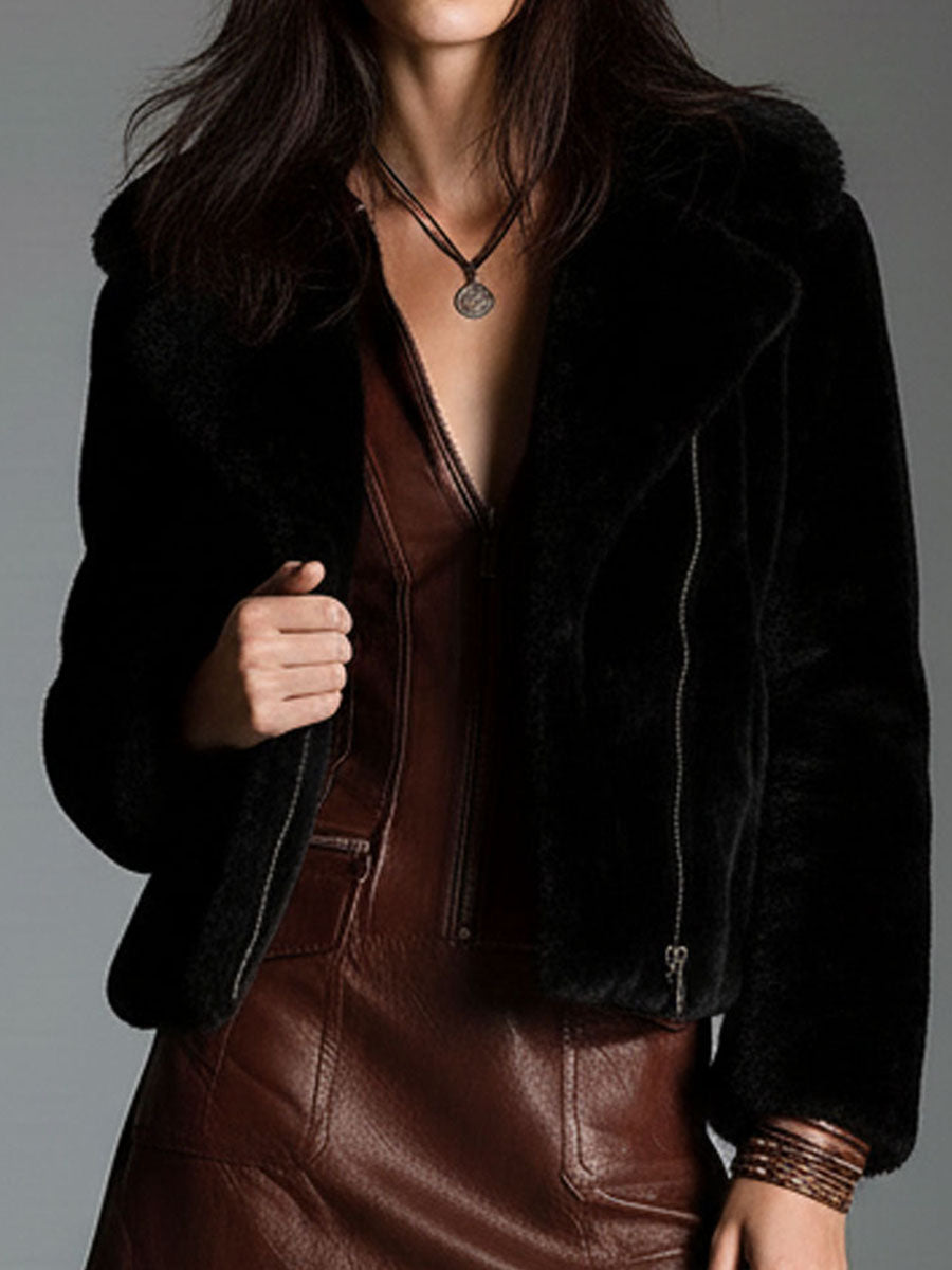 Classic Lapel Black Eco Fur Zipper Short Jacket With Soft Lining