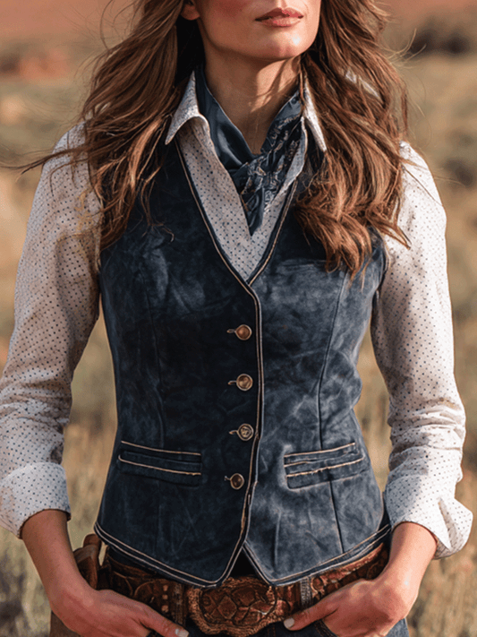 Retro Western Cowboy Style Contrasting Blue Faux Suede Vest