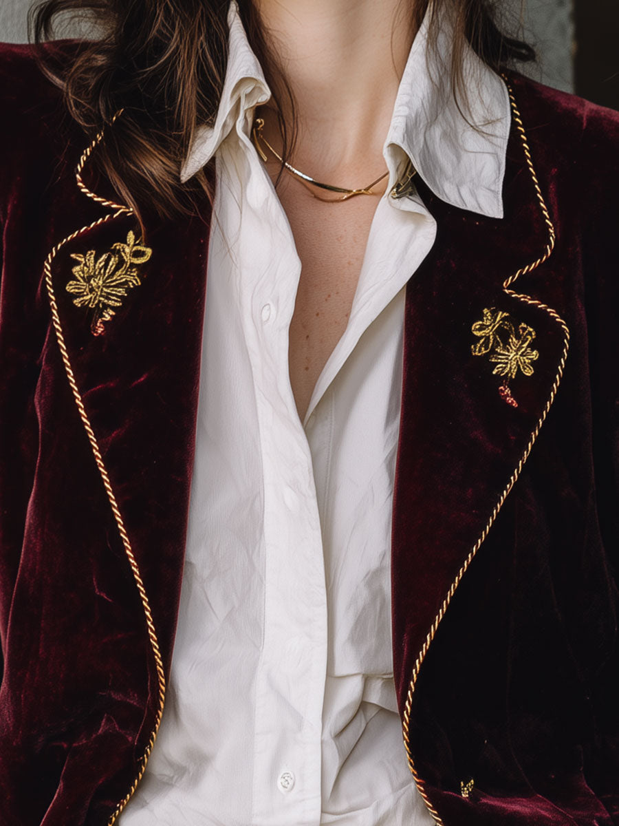 Elegant Gold Velvet Embroidery Blazer