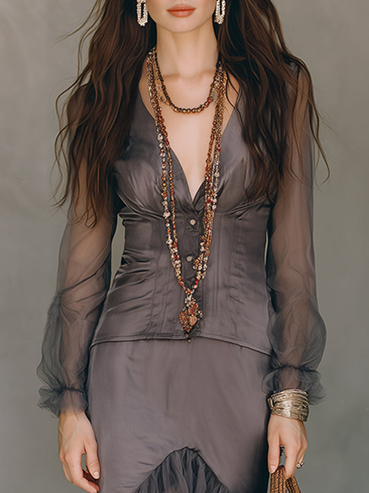 Retro Satin Patchwork Long Sleeve Blouse