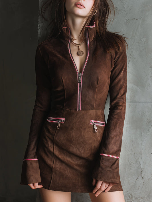Retro Suede Contrast Half-zip Mini Dress
