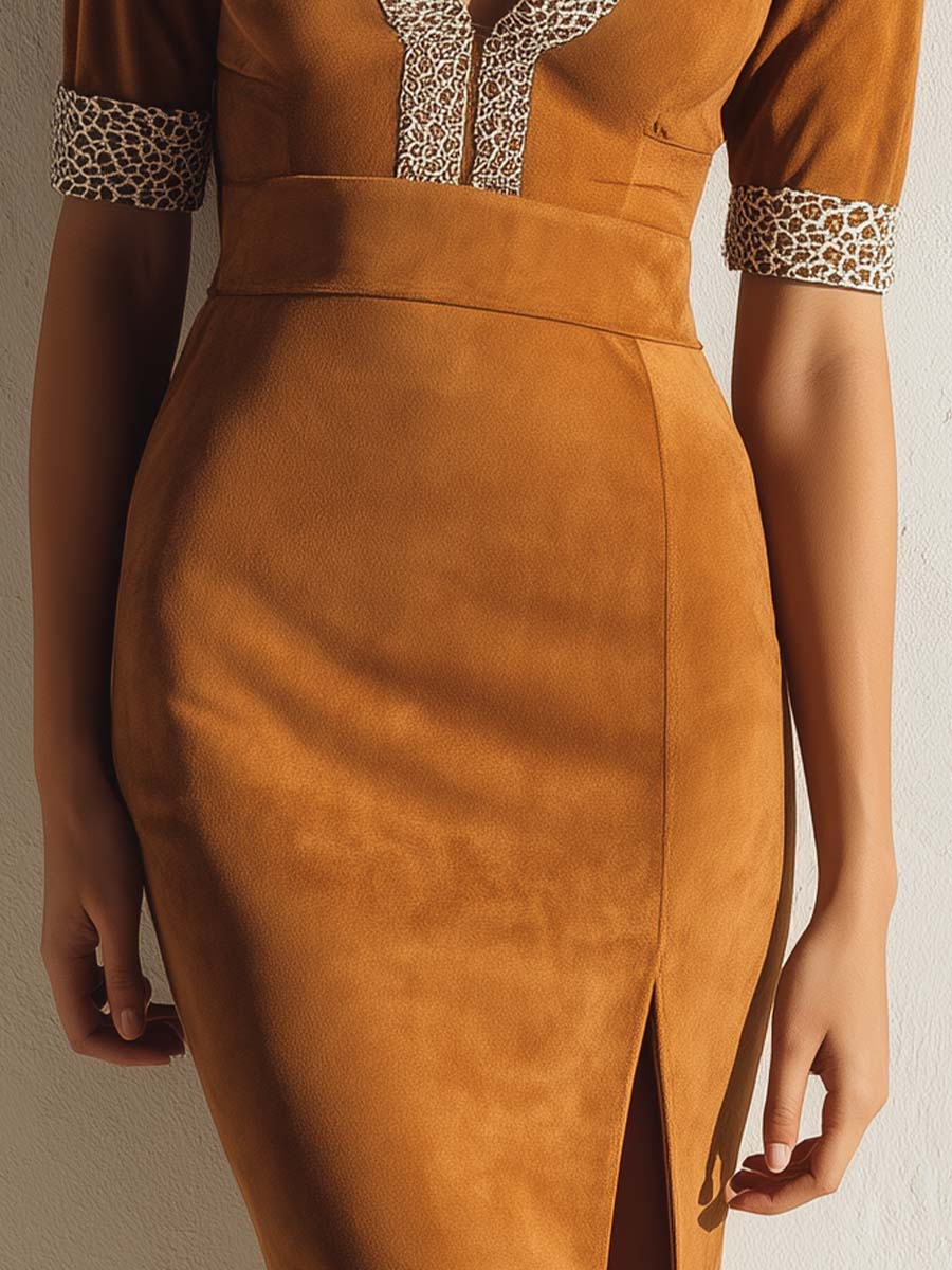 Caramel Brown Leopard Microsuede Midi Dress