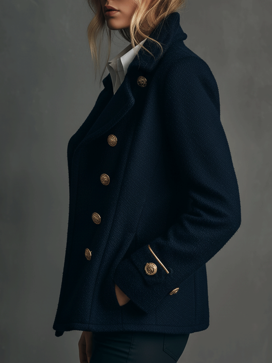 Classic Navy Wool-Blend Double-Breasted Peacoat Gold Buttons Coat