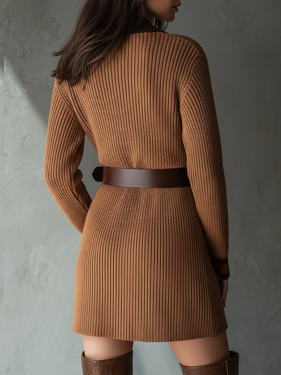 Chic Contrasting Color Knitted Mini Dress With Belt