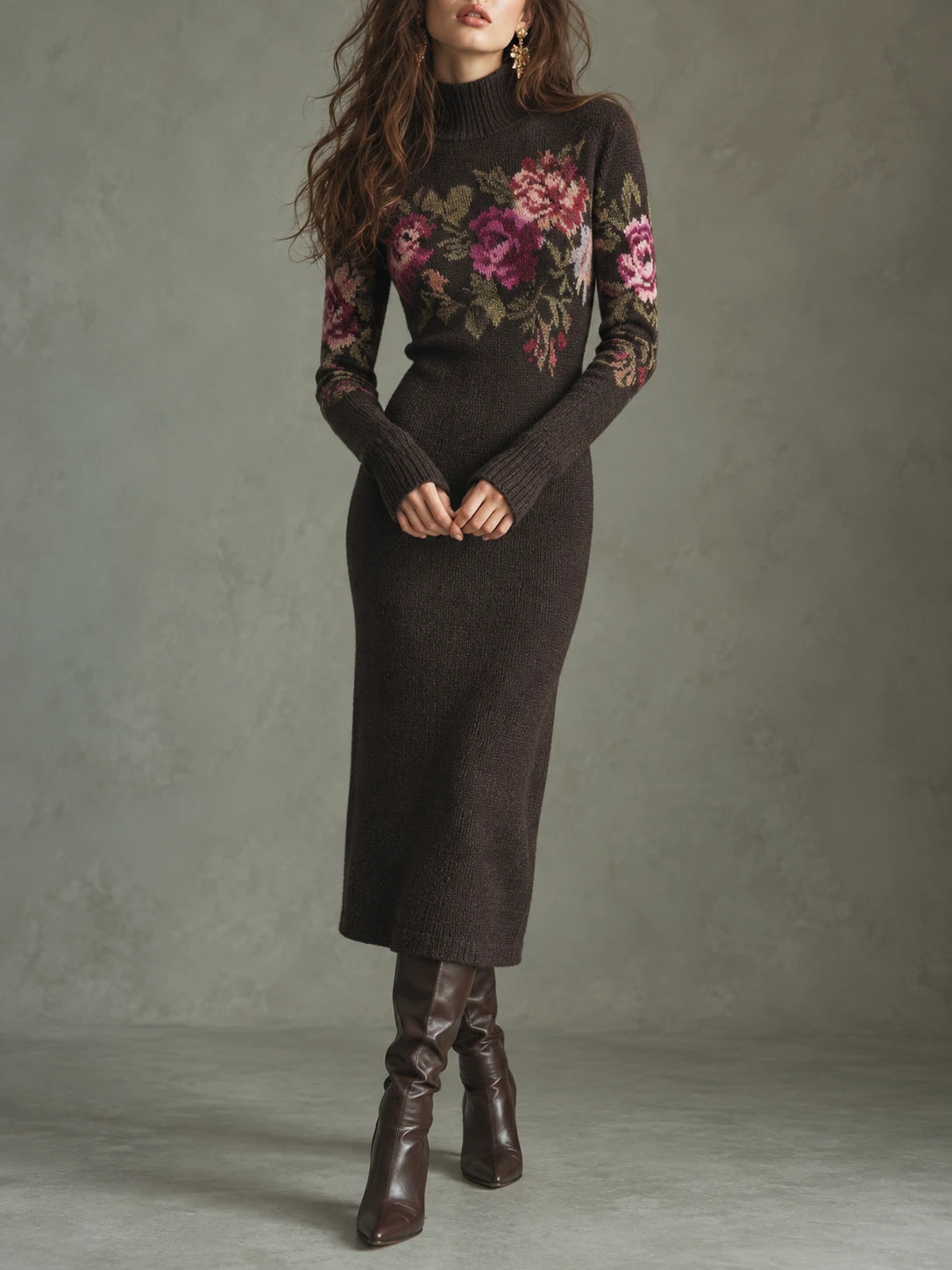 Brown Floral Mock-Neck Knit Midi Dress