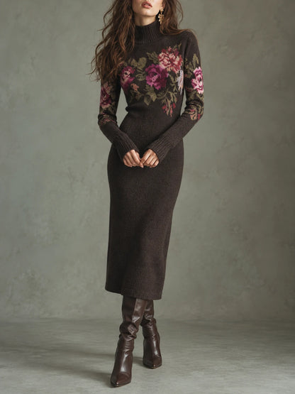 Brown Floral Mock-Neck Knit Midi Dress