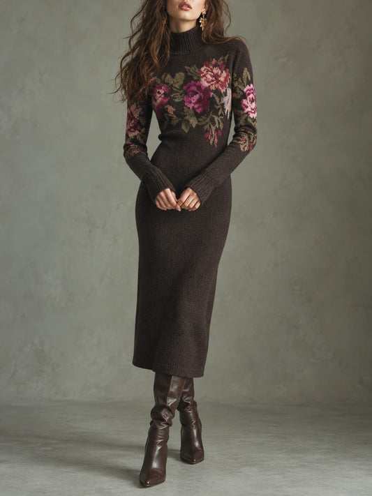 Brown Floral Mock-Neck Knit Midi Dress