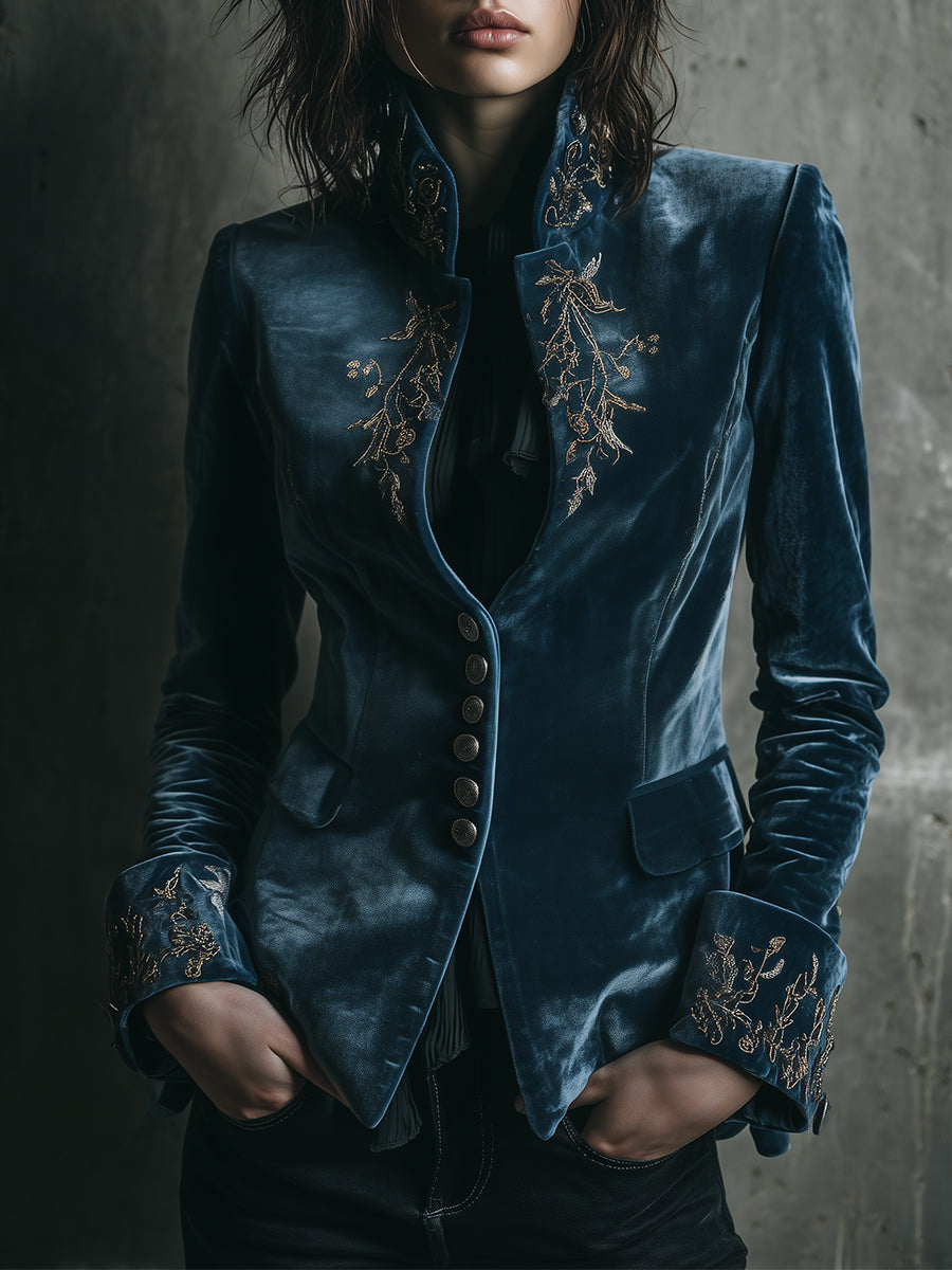 Quiet Luxury Stand Collar Embroidered Waisted Jacket