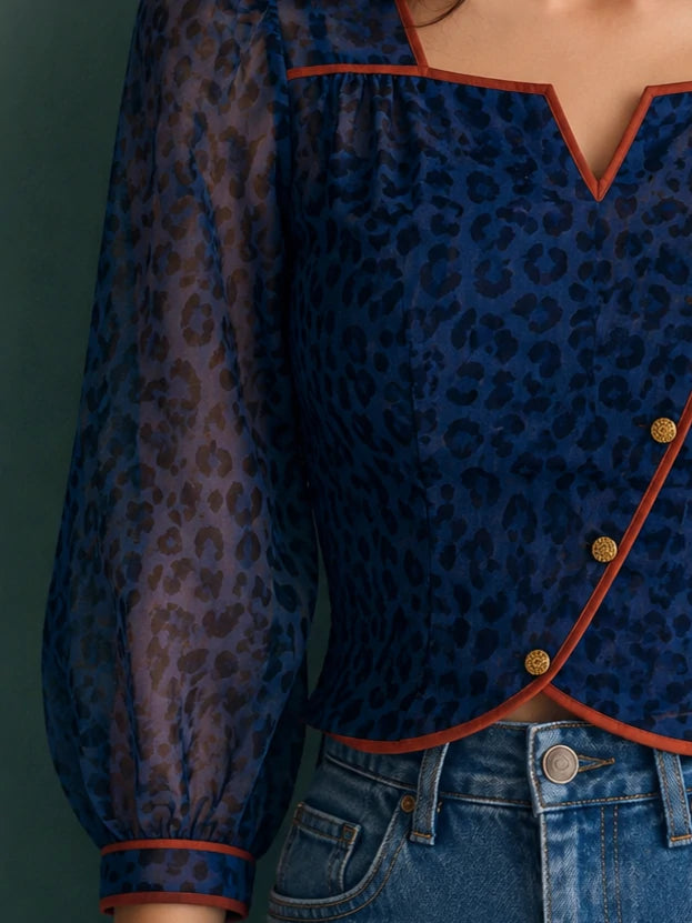 Sapphire Leopard Print Square-Neck Chiffon Top