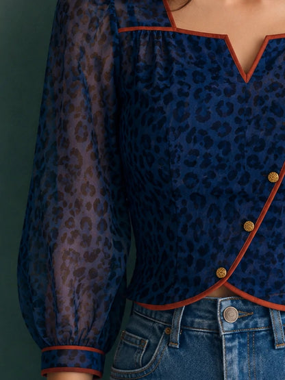 Sapphire Leopard Print Square-Neck Chiffon Top