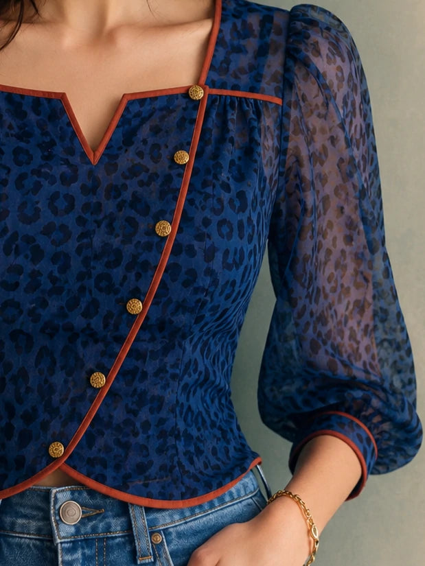 Sapphire Leopard Print Square-Neck Chiffon Top